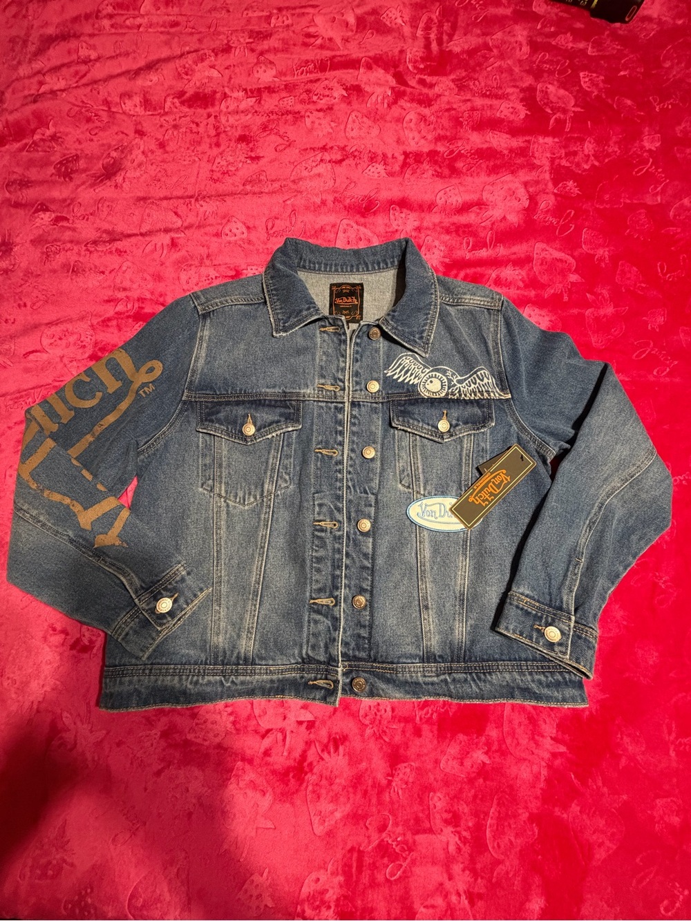Von Dutch Blue Denim Jacket with Gold Sleeve Graphic